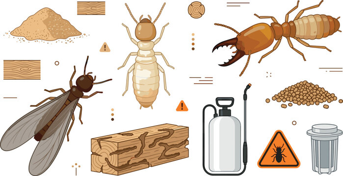 Termite Pest Control Infographic Set Vector Illustration with Alate Swarmer Soldier Worker Insects Damaged Wood Frass Sprayer Tank and Bait Station