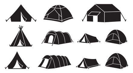Various tent shapes in black silhouette camping © MdMosharef