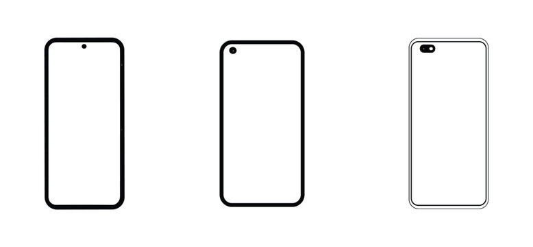 Smartphone Mockups. Three modern smartphone mockups displayed in a row, showcasing different notch and camera designs. Ideal for app presentations, UI design, or showcasing new mobile technology.
