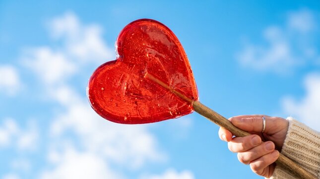 detailed Macro photo of giant red heart lollipop blue showing abstract micro structural details and textures with professional studio lighting