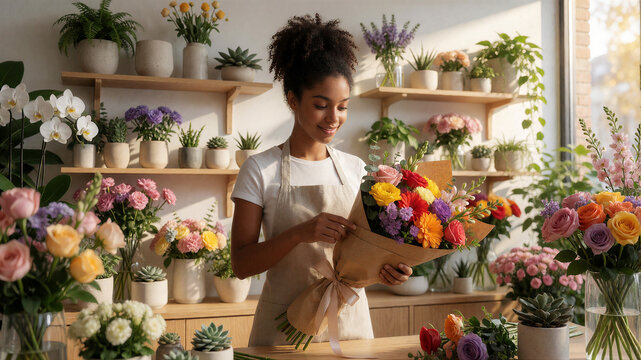 Eine junge Floristin bindet in einem lichtdurchfluteten Blumenladen einen prachtvollen Hochzeitsstrau&szlig;, umgeben von unz&auml;hligen frischen Blumen und stilvoller Dekoration.KI Generiert