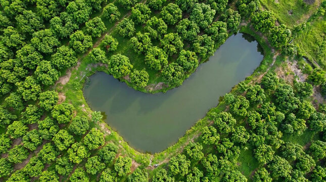 Aerial view of a lush green mango orchard with a calm natural pond shaped like a heart situated in the center of the vast agricultural plantation land.