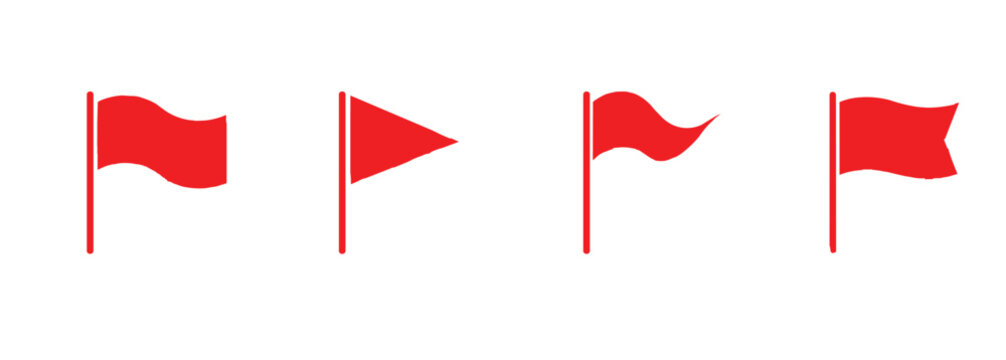 Collection of Red Flags. A set of four distinct red flags, each with a unique shape and wavy motion, fluttering against a clean background.