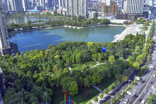 Aerial View of Millennium Park Chicago with Lake Michigan