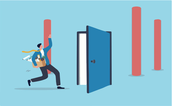 Quit job leaving company for new career, saying good bye old workplace office, exit, escape fired, work departure, offboarding separation, businessman saying bye pillars while quitting job exit door