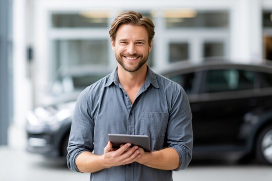 Smiling mechanic holds a digital tablet in a modern car workshop with a black car