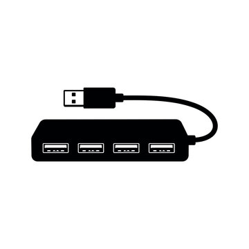 Black usb hub with four ports and connector cable on white background