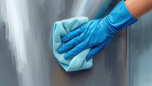 Hands wearing blue protective gloves cleaning surface with cloth symbolizing hygiene sanitation housekeeping disinfecting healthcare safety and professional cleaning services