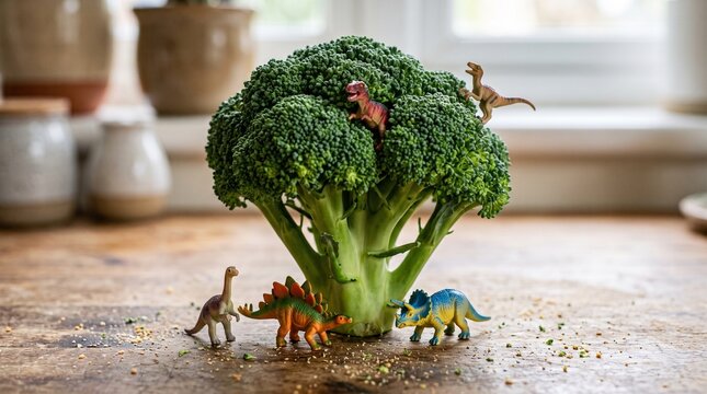 of depth focus sharp quality high detailed Macro close up photography of broccoli head with toy dinosaurs on green background