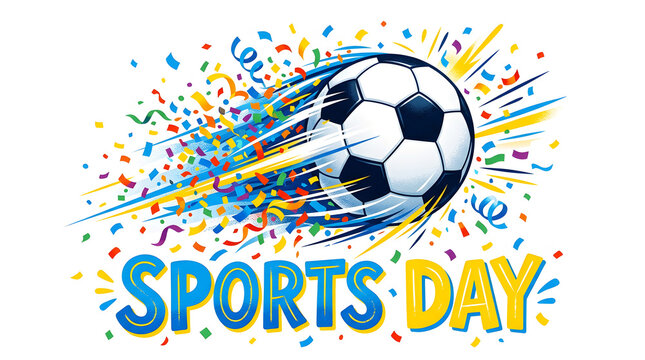 Vibrant sports day celebration with basketball, trophy, and confetti