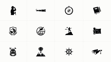 Minimalist black and white icons collection with each depicting distinct symbols related adventure travel themes such hiking modern flat design style © PRITOM