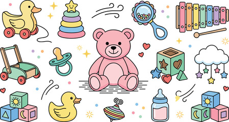 Fototapeta premium Cute Baby Toy Vector Collection with Teddy Bear Rubber Duck Building Blocks Pacifier Rattle Baby Bottle Xylophone and Nursery Playtime Elements