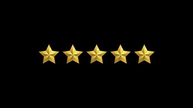 Five golden stars rating review animation on black background