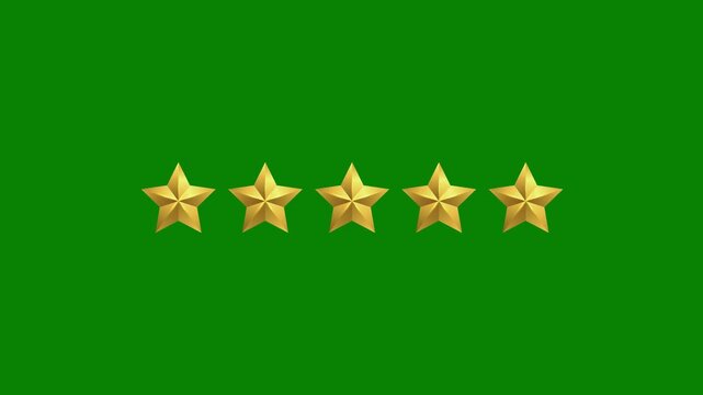 Five golden stars rating review animation on green background