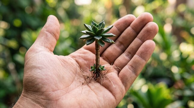 focus sharp quality high detailed Close up macro photography of human hand holding small tiny succulent in high definition 2K