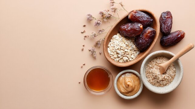 Flat lay of dates rolled oats date syrup and nut butter with wooden spoon for vegan dessert recipe background and food styling design
