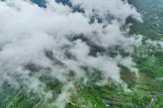 Aerial Three Gorges Highway, Terraces and Cloudy Mountains