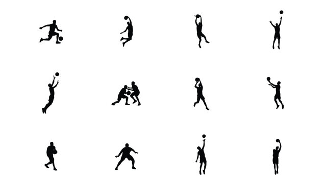 Dynamic black and white silhouette series of ball sports action sequences in mid motion with athletic stances