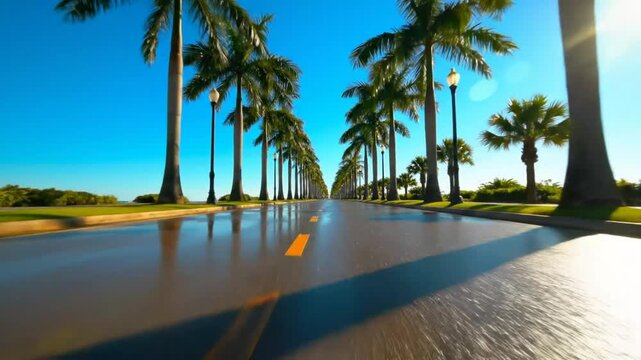 Low angle driving shot along a wet asphalt road lined with palm trees on a sunny day