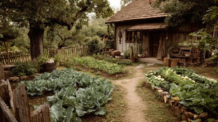 Naklejka premium Cozy cabin garden scene. Vegetables grow in tidy rows near a rustic, weathered cottage. Peaceful, rural aesthetic