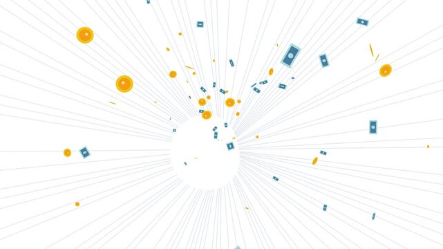 Money Explosion Background. Animated financial graphics featuring coins and banknotes bursting outward from the center. Perfect for business success, wealth, and profit-related video project