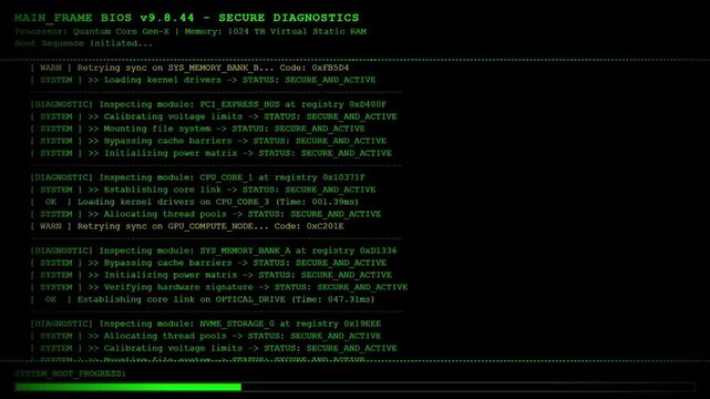 Mainframe BIOS Hardware Diagnostics Secure System Boot Animation.