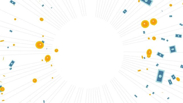Financial Success Motion Background. Animated falling money, bills, and coins flying outward. Use this clean vector graphic to visualize wealth, profit, and business growth concepts