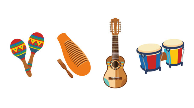 Collection of colorful Latin American musical instruments including maracas, guiro, guitar, and bongos vector