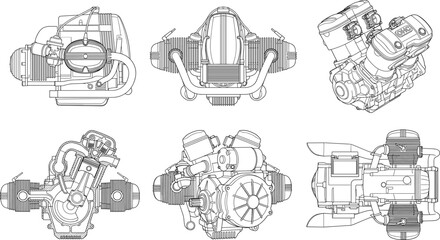 Obraz premium Air Cooled Boxer Engine CAD Drawing Collection with Multiple Technical Views Vector Illustration