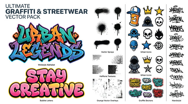Ultimate graffiti and streetwear vector pack featuring urban legends typography, bubble letters, spray textures, and urban characters
