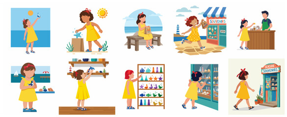 Fototapeta premium Vector illustration set of a little girl on summer vacation shopping for souvenirs at a seaside gift shop