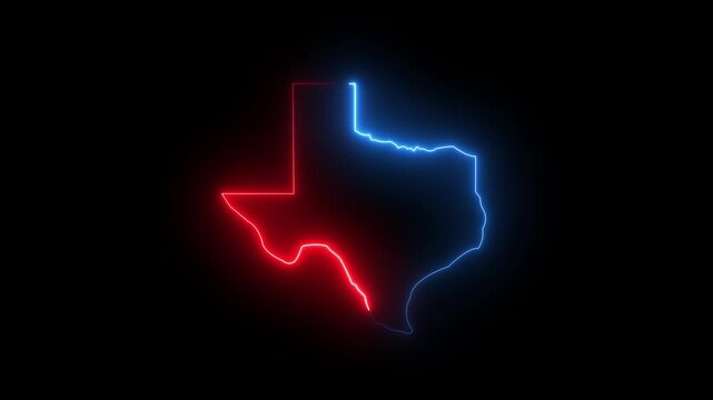 Animation texas state outline in glowing blue white and red neon isolated on transparent background in 4k alpha channel, modern state map animation for branding. seamless loop movement