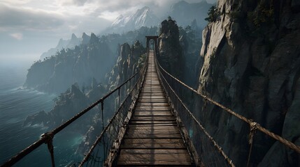 Fototapeta premium Suspension bridge over a misty mountain valley.