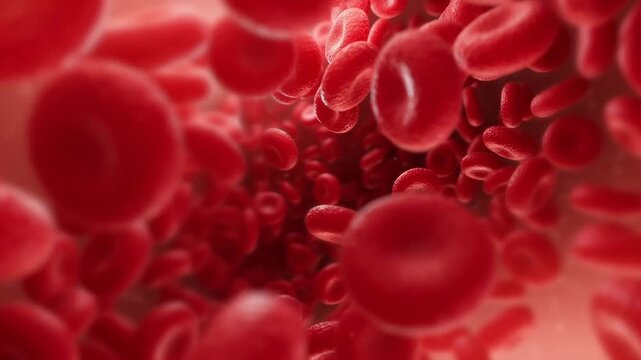 Tracking shot of red blood cells flowing through narrow blood vessel interior in microscopic close up immersive medical visualization