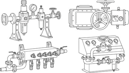 Obraz premium Industrial Valve and Fluid Control System CAD Drawing Collection Technical Line Art Vector Set