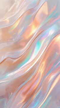 Opalescent crystal sheets flow like glass with iridescent pearl, champagne, aqua and blush reflections, soft studio lighting and elegant optical depth for luxury branding background.