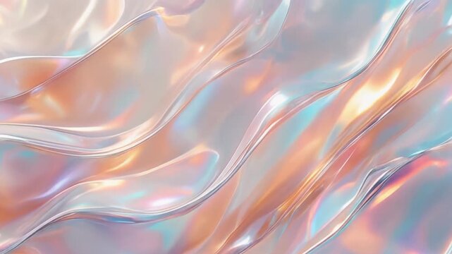Opalescent crystal sheets flow like glass with iridescent pearl, champagne, aqua and blush reflections, soft studio lighting and elegant optical depth for luxury branding background.