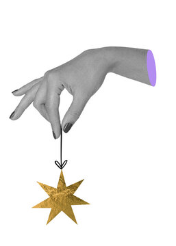 Hand holding golden Christmas star ornament. Festive mixed media collage. New year decoration element.