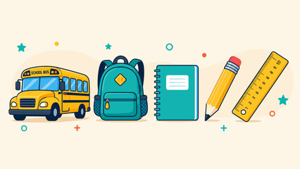 Yellow school bus stands ready to transport children. Blue backpack rests beside notebooks and stationery. Bright pencil and ruler hint at learning and creativity. Soft stars and dots frame a cheerful © LarisaM