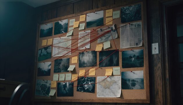 Detective Investigation Board With Red String Connecting Evidence Photos In Dimly Lit Office