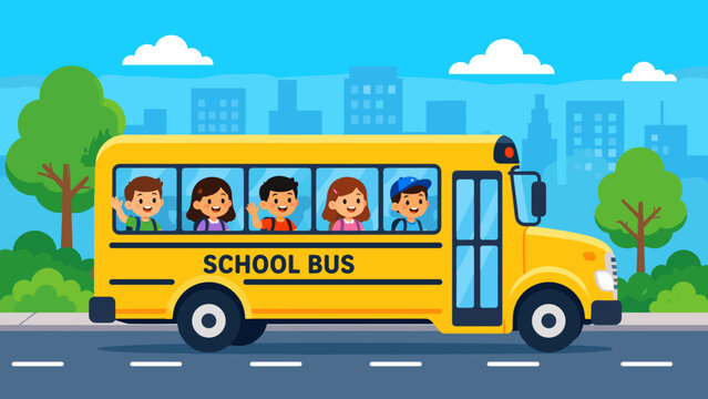 Yellow school bus drives through bright city streets. Children wave happily from each window seat. Green trees and blue sky frame the cheerful scene. Urban buildings stretch behind the passing bus