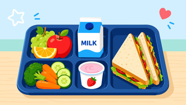 Healthy lunch tray with colorful fruits, veggies, milk, and sandwich. Cartoon style shows vibrant, balanced meal for kids or students. Blue tray divides food neatly, pleasing to the eye