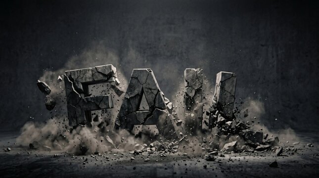 Stone word fail shattering into pieces with dust and rubble