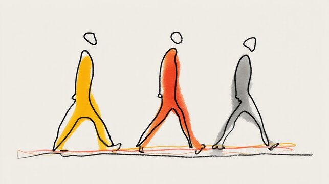 Three stylized figures in vibrant hues stride in unison. Outlines define them, while a subtle, colorful ground line hints at movement