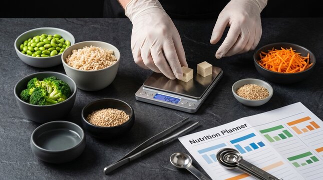 Plant Based Precision Prep With Weighed Ingredients On Stone Counter