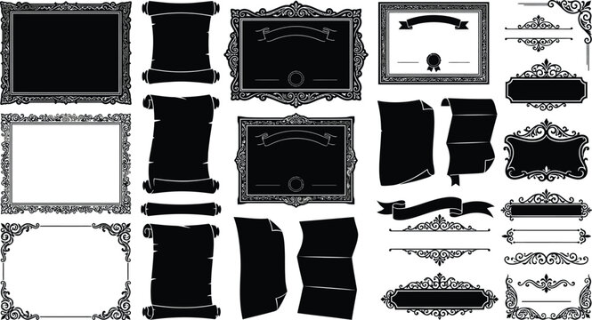 Ornate black silhouette frames and labels on white background, decorative borders, ribbons, certificates, scrolls for design elements in EPS format