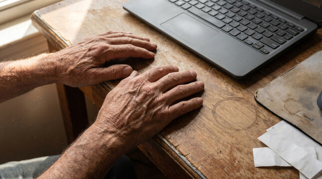 Wrinkled Hands On Worn Desk During Remote Work Fatigue
