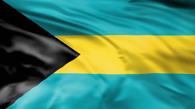 Bahamas flag waving in wind close up footage realistic 3d animation national baha flag smooth.