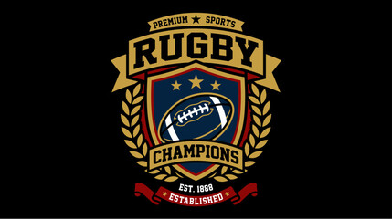 Fototapeta premium Vintage rugby sports emblem design with shield and ball illustration on black background.
