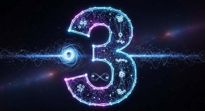 Glowing blue and purple neon number three with swirling lines and dots in space